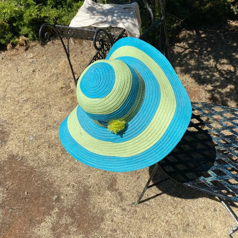Fair Weather Blue and Green Striped Wide-Brim  Sun Hat - Picture 5 of 9